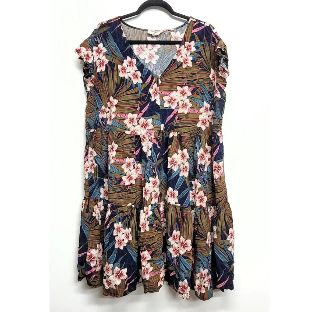 Loralette Floral Palm Tiered Flutter Sleeve Dress 20